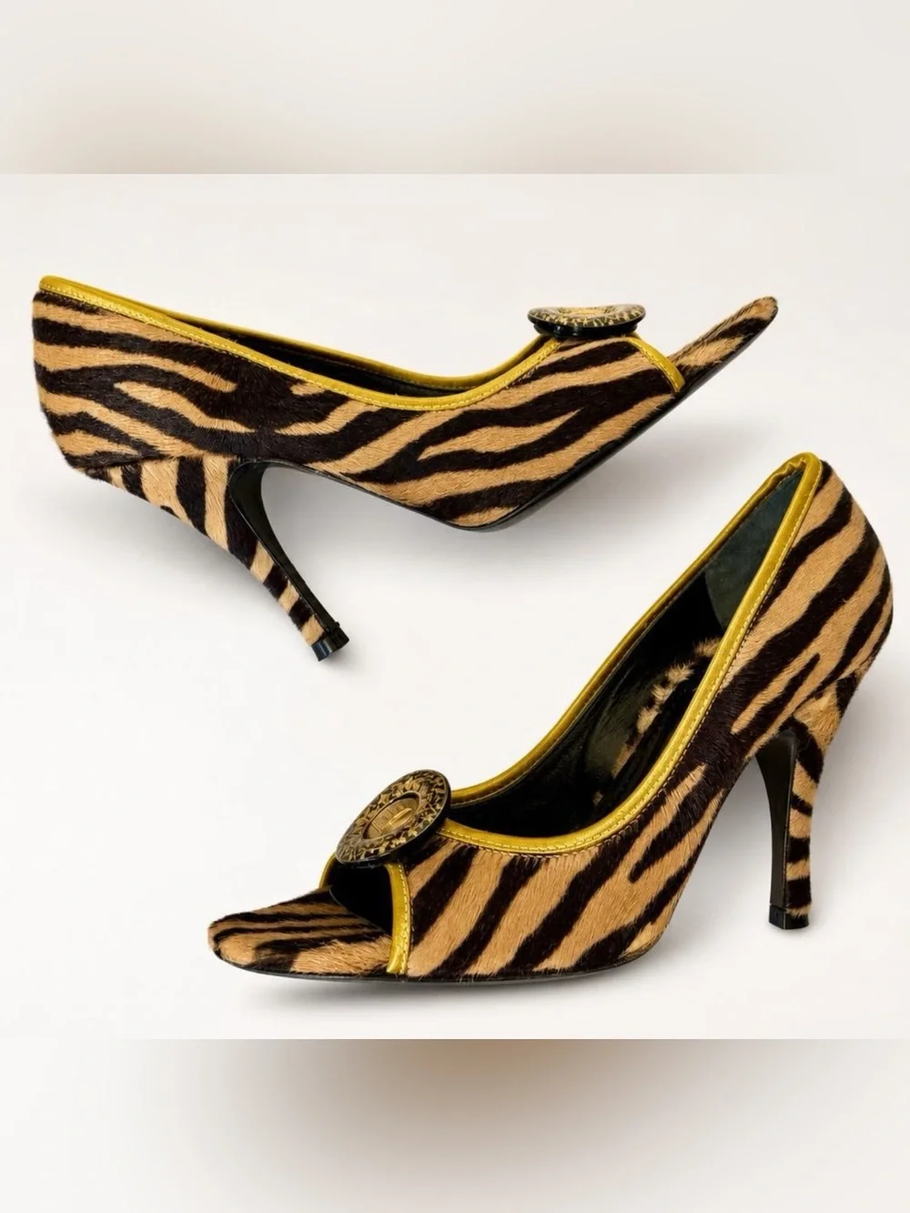 Fendi Calfhair Zebra Peep-Toe Heel, Gold Flagship Emblem, 36.5, some balding - Picture 2 of 16